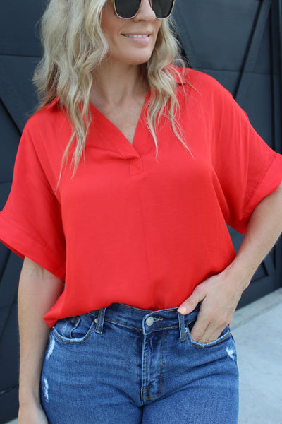 Collared V Neck Blouse-Tomato - Infinity Raine