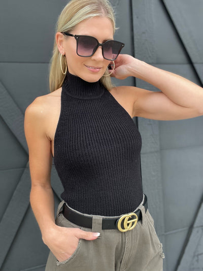 Open Back Turtle Neck Top-Black - Infinity Raine
