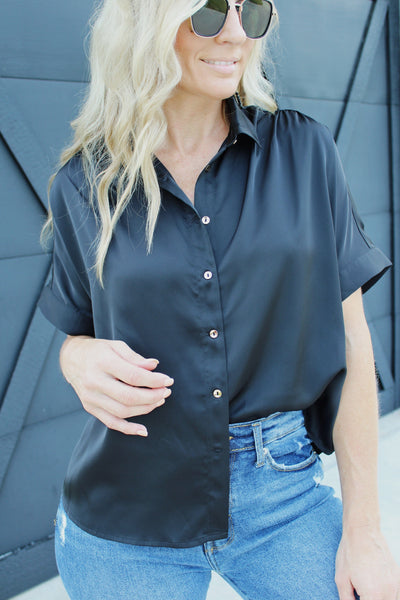 Satin Short Sleeve Button Down Top-Black - Infinity Raine