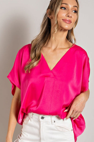 Solid Short Sleeve V-Neck-Hot Pink - Infinity Raine