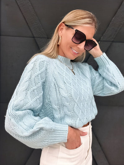 Crotchet Round Neck Knit Sweater-Blue - Infinity Raine