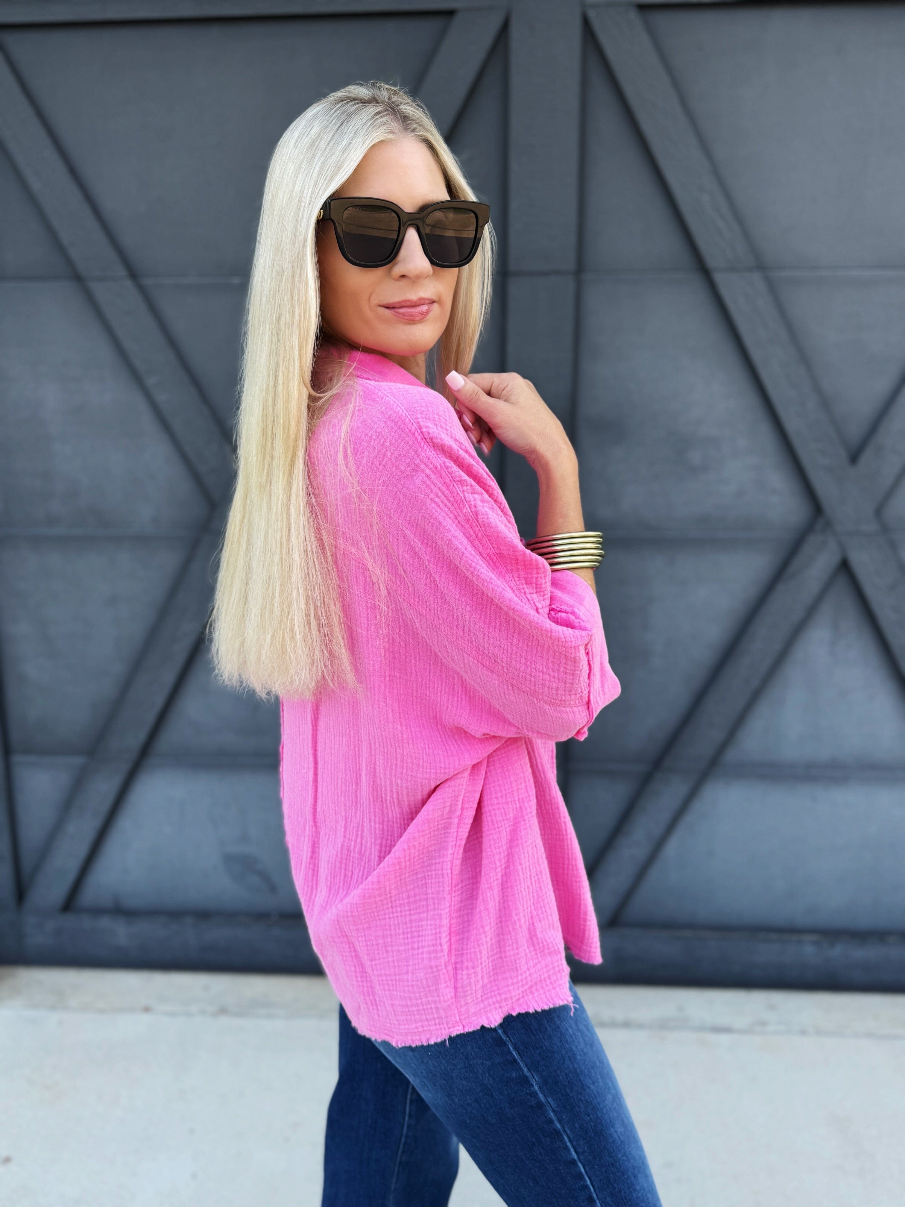 Cotton Gauze 3/4 Sleeve Top In Pink - Infinity Raine