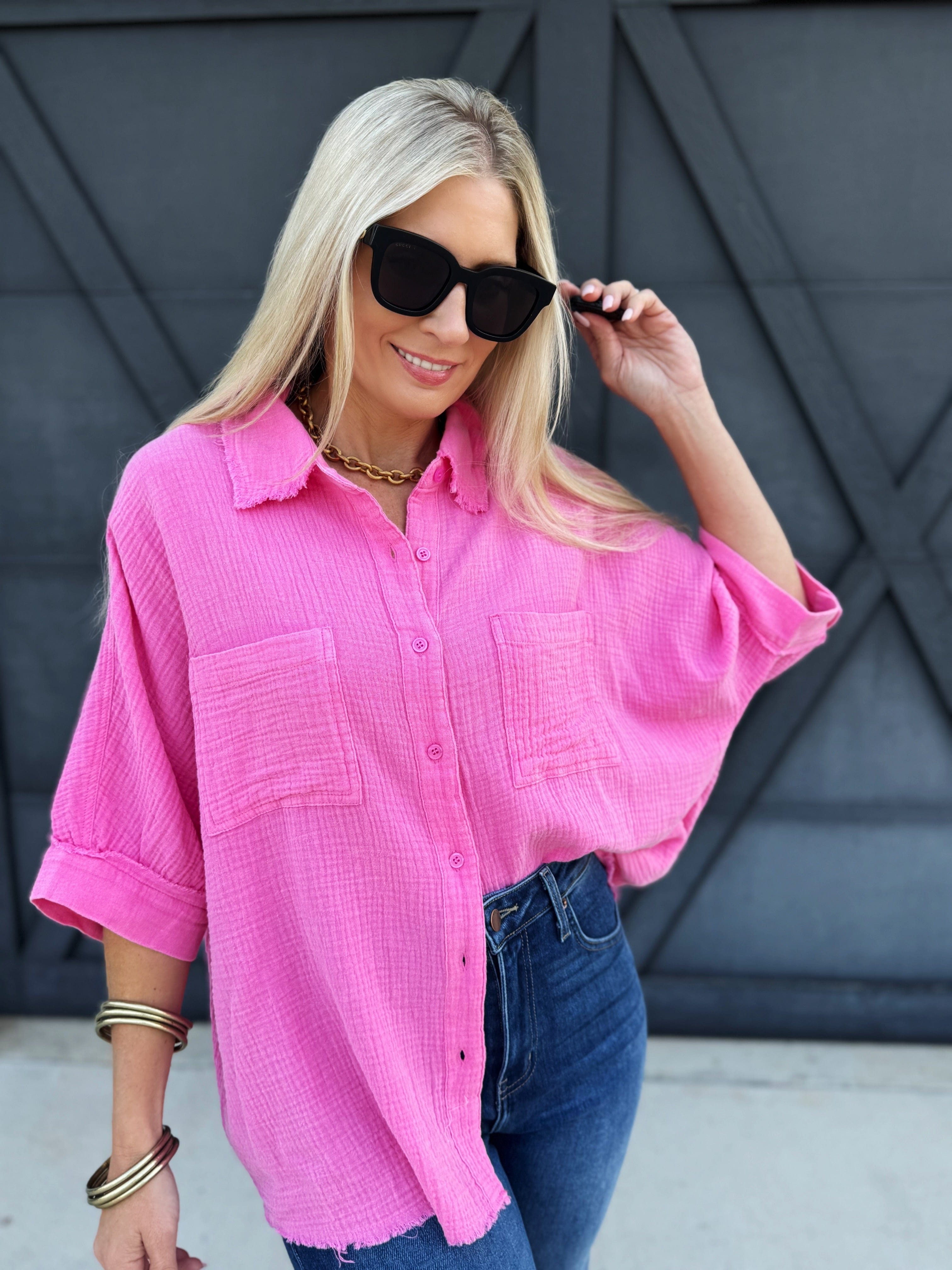 Cotton Gauze 3/4 Sleeve Top In Pink - Infinity Raine