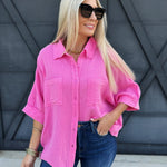 Cotton Gauze 3/4 Sleeve Top In Pink - Infinity Raine