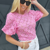 Floral Lace Puff Sleeve Blouse In Rose Pink - Infinity Raine