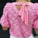 Floral Lace Puff Sleeve Blouse In Rose Pink - Infinity Raine