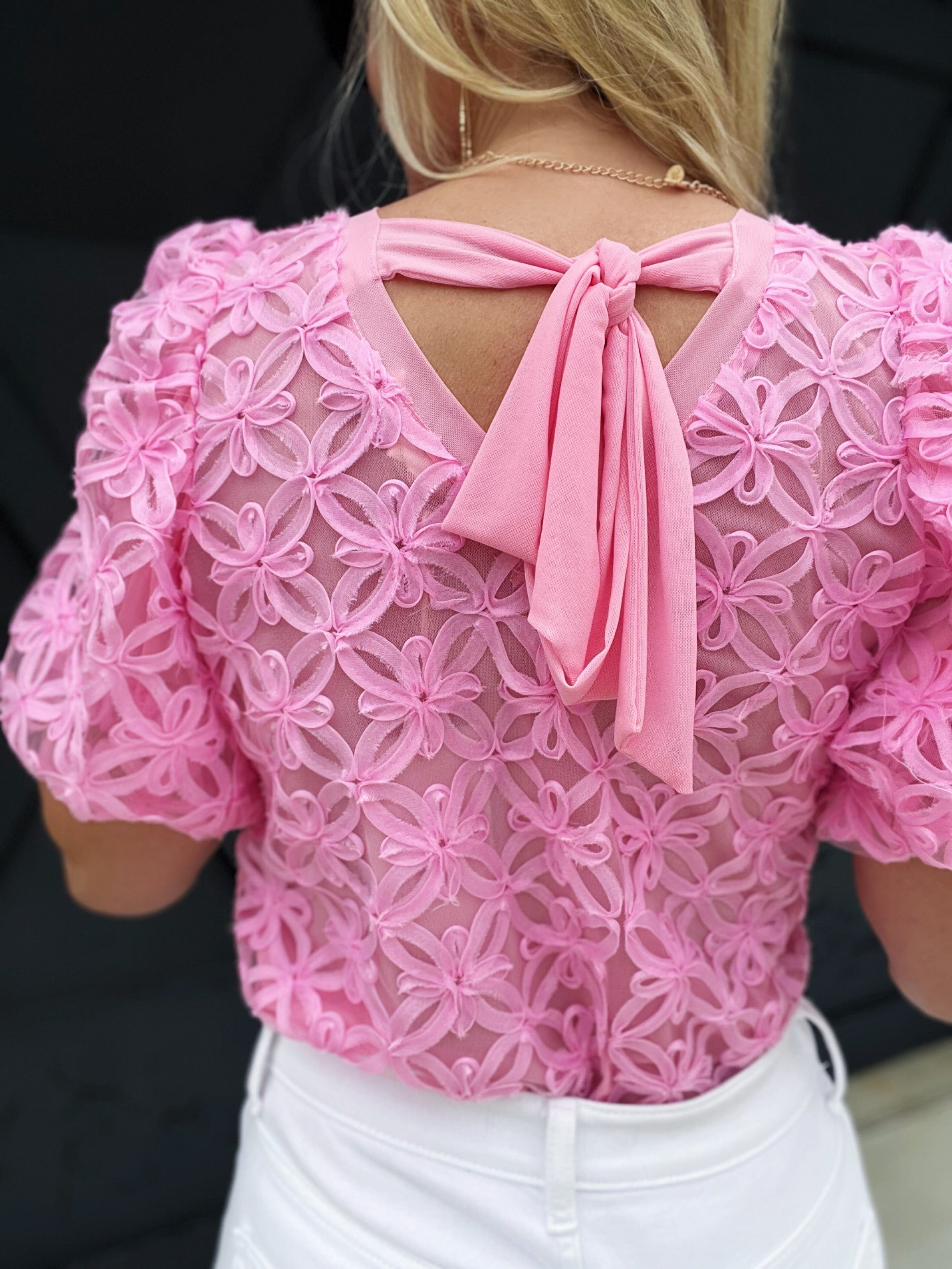 ee:some Tops - Blouses Floral Lace Puff Sleeve Blouse In Rose Pink