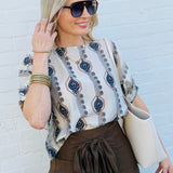 ee:some Tops - Blouses Geometric Floral Printed Cuff Blouse In Midnight