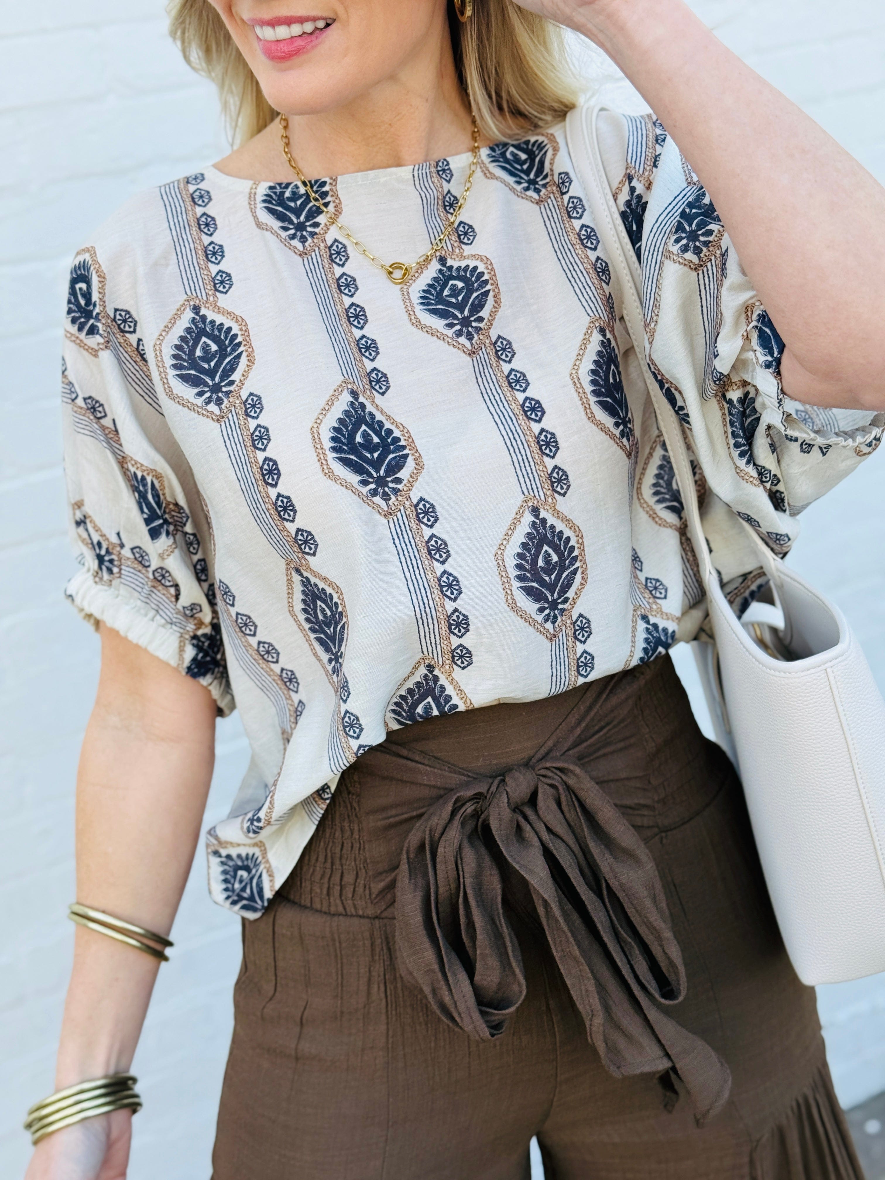 ee:some Tops - Blouses Geometric Floral Printed Cuff Blouse In Midnight