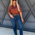 Satin Short Sleeve Button Down Top In Rust - Infinity Raine