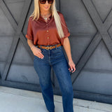 Satin Short Sleeve Button Down Top In Rust - Infinity Raine