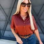 Satin Short Sleeve Button Down Top In Rust - Infinity Raine