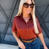 Satin Short Sleeve Button Down Top In Rust - Infinity Raine