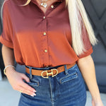 Satin Short Sleeve Button Down Top In Rust - Infinity Raine