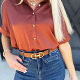 Satin Short Sleeve Button Down Top In Rust - Infinity Raine