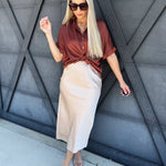 Satin Short Sleeve Button Down Top In Rust - Infinity Raine