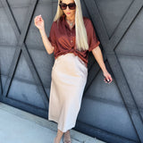 Satin Short Sleeve Button Down Top In Rust - Infinity Raine