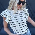 Stripe Ruffle Sleeve Blouse In Off White - Infinity Raine