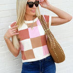 Checker Print Sleeveless Sweater Top In Sunset Latte - Infinity Raine