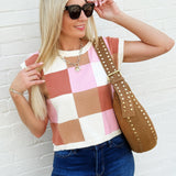 Checker Print Sleeveless Sweater Top In Sunset Latte - Infinity Raine