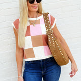 Checker Print Sleeveless Sweater Top In Sunset Latte - Infinity Raine