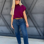 Mock Neck Short Sleeve Sweater In Plum - Infinity Raine