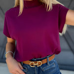 Mock Neck Short Sleeve Sweater In Plum - Infinity Raine