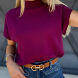 Mock Neck Short Sleeve Sweater In Plum - Infinity Raine