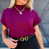 Mock Neck Short Sleeve Sweater In Plum - Infinity Raine