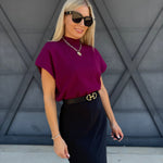 Mock Neck Short Sleeve Sweater In Plum - Infinity Raine