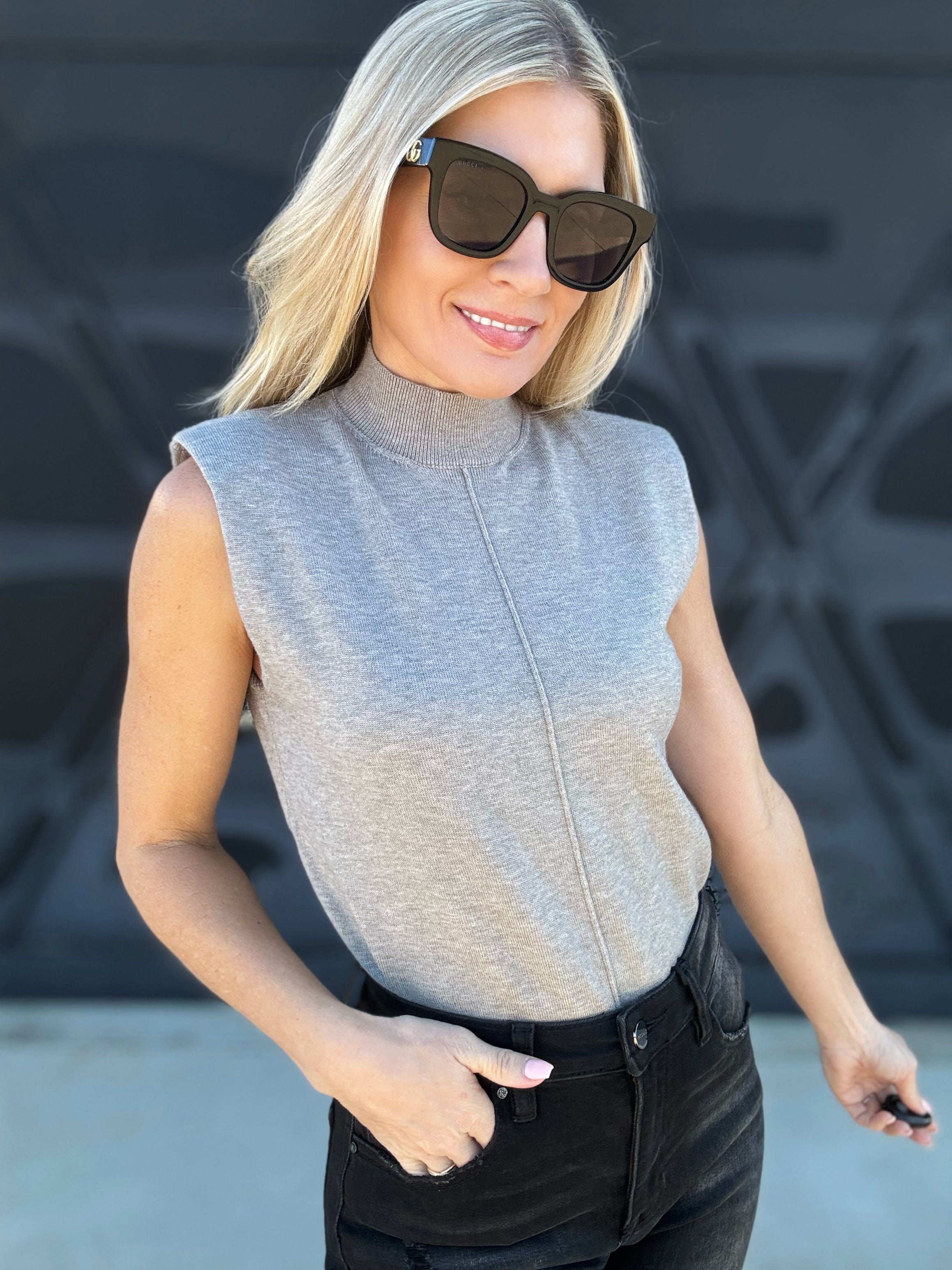 Sleeveless Mock Neck Sweater Top In Heather Grey - Infinity Raine