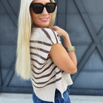 Striped Cap Sleeve Sweater Top In Mocha - Infinity Raine