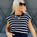 Striped Cap Sleeve Sweater Top In Navy - Infinity Raine