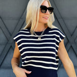 Striped Cap Sleeve Sweater Top In Navy - Infinity Raine