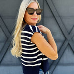 Striped Cap Sleeve Sweater Top In Navy - Infinity Raine