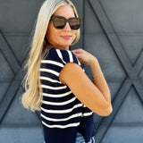 Striped Cap Sleeve Sweater Top In Navy - Infinity Raine