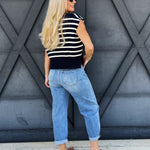 Striped Cap Sleeve Sweater Top In Navy - Infinity Raine