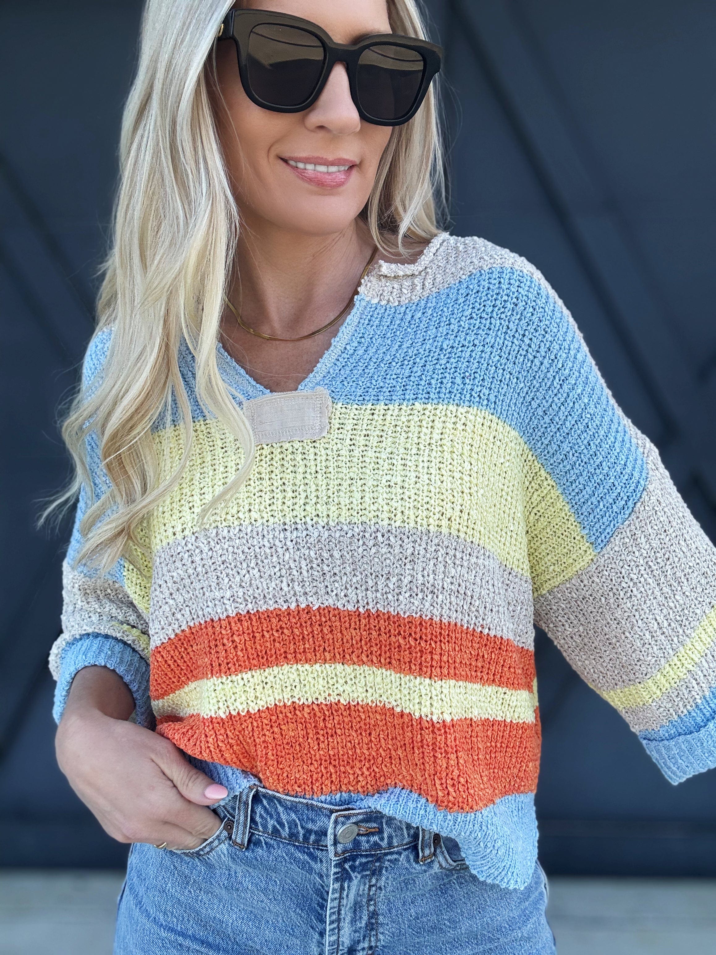 Striped Notched Collar Top In Periwinkle - Infinity Raine