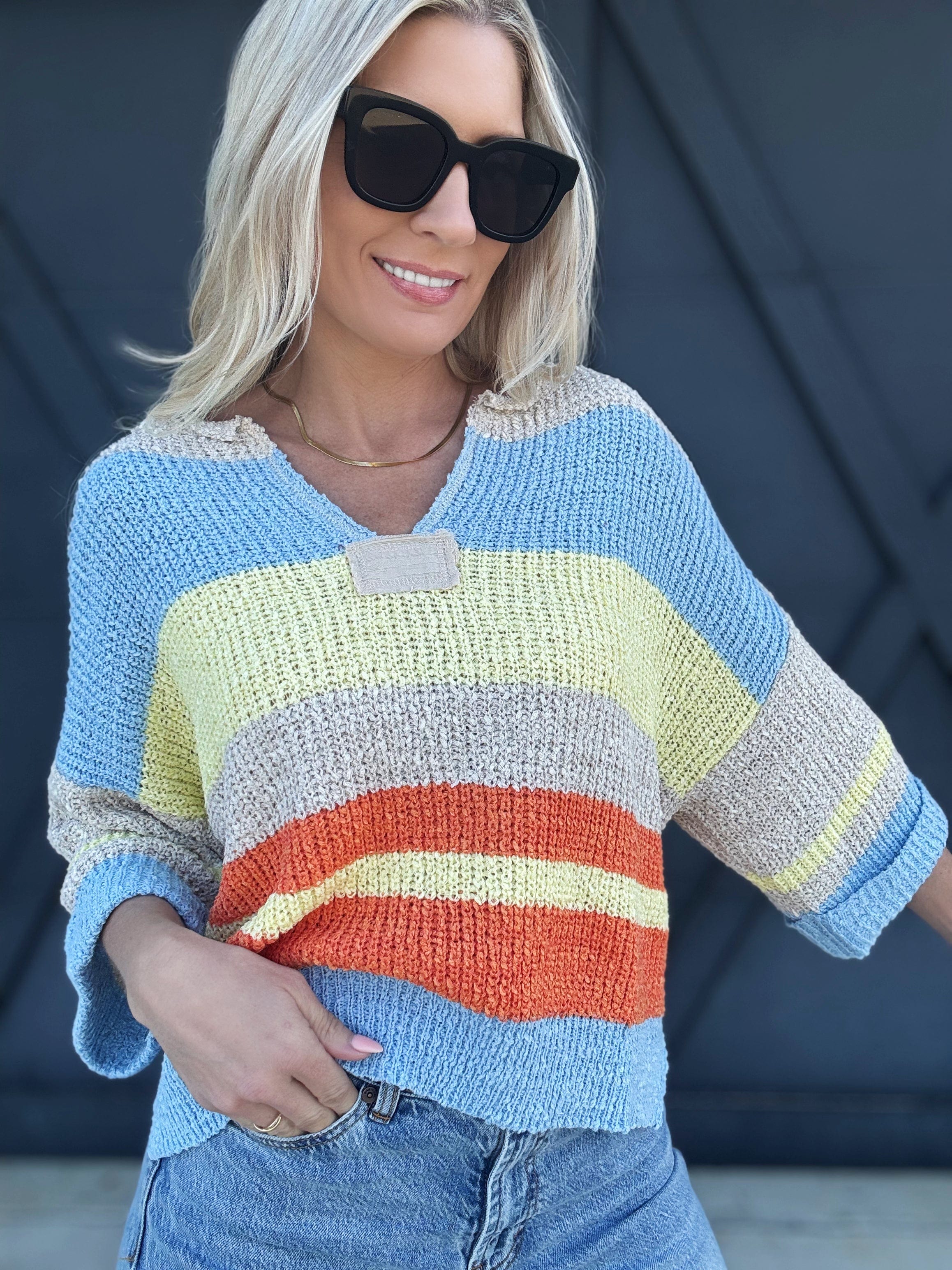 Striped Notched Collar Top In Periwinkle - Infinity Raine