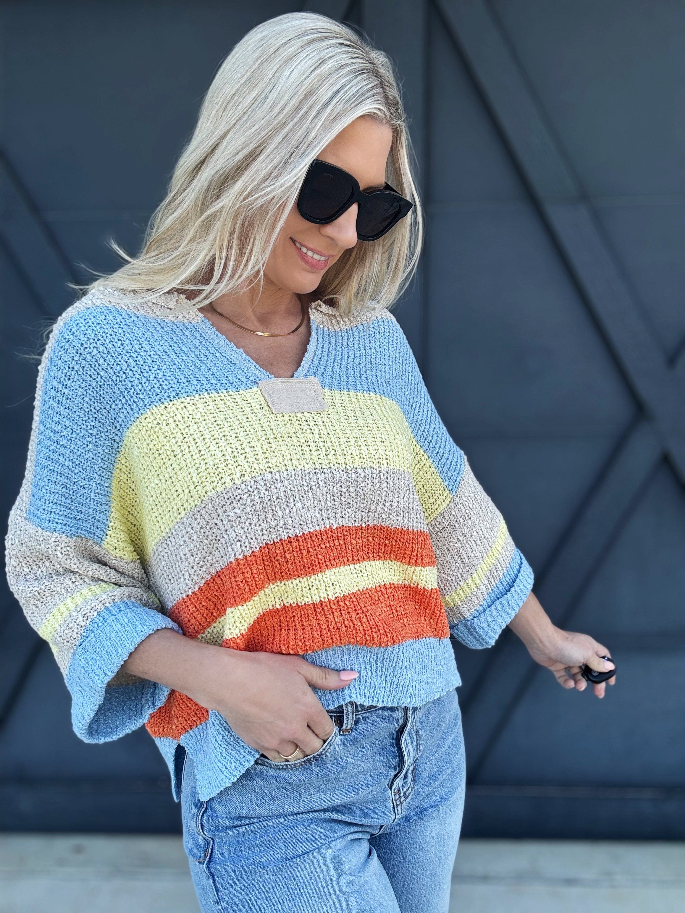Striped Notched Collar Top In Periwinkle - Infinity Raine