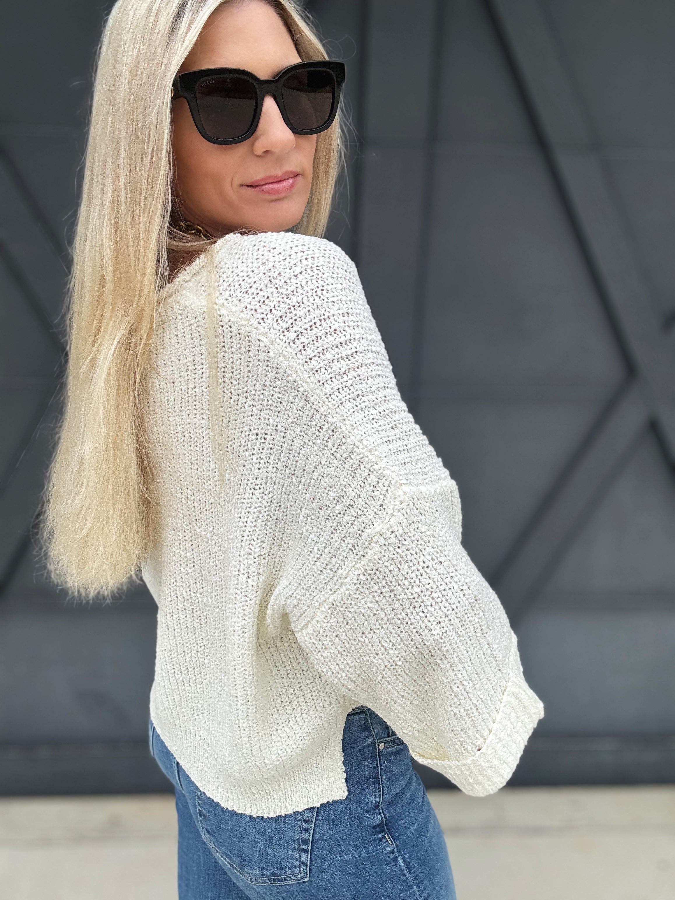 Textured V-Neck Sweater Top In Off White - Infinity Raine