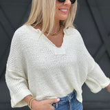 Textured V-Neck Sweater Top In Off White - Infinity Raine