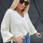 Textured V-Neck Sweater Top In Off White - Infinity Raine