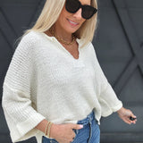 Textured V-Neck Sweater Top In Off White - Infinity Raine