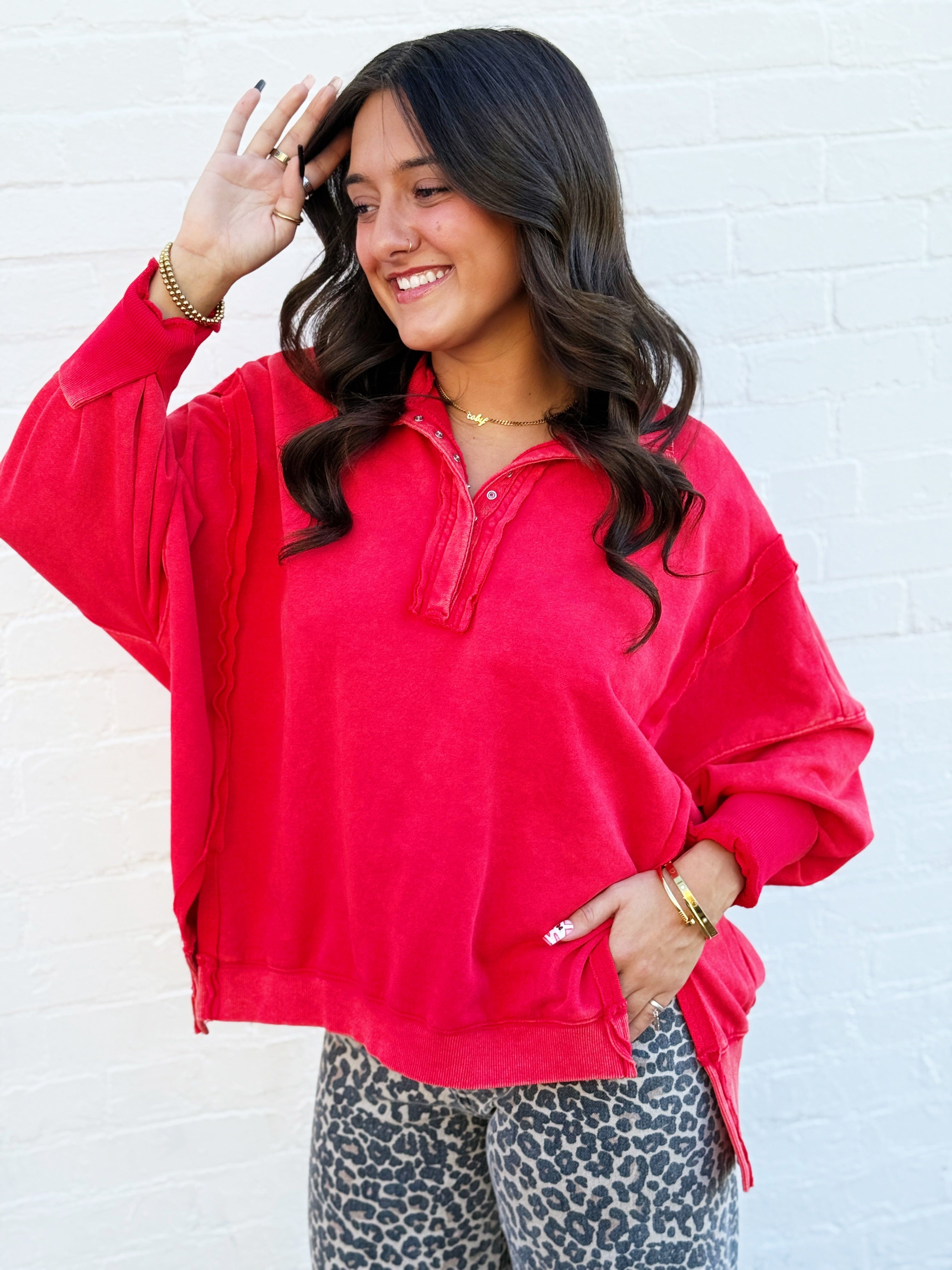 ee:some Tops - Sweatshirts Snap Collared Pullover In Red