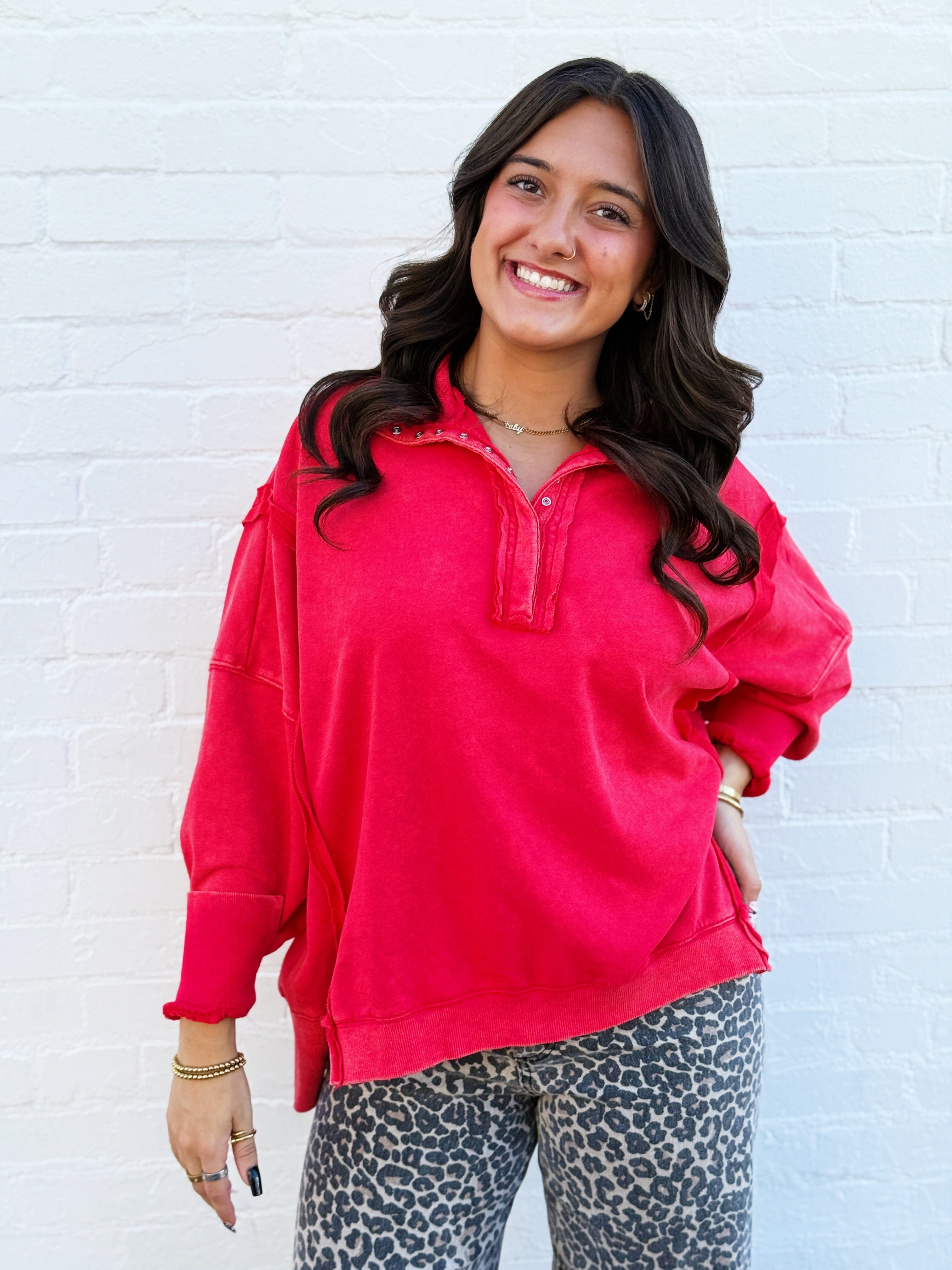 ee:some Tops - Sweatshirts Snap Collared Pullover In Red