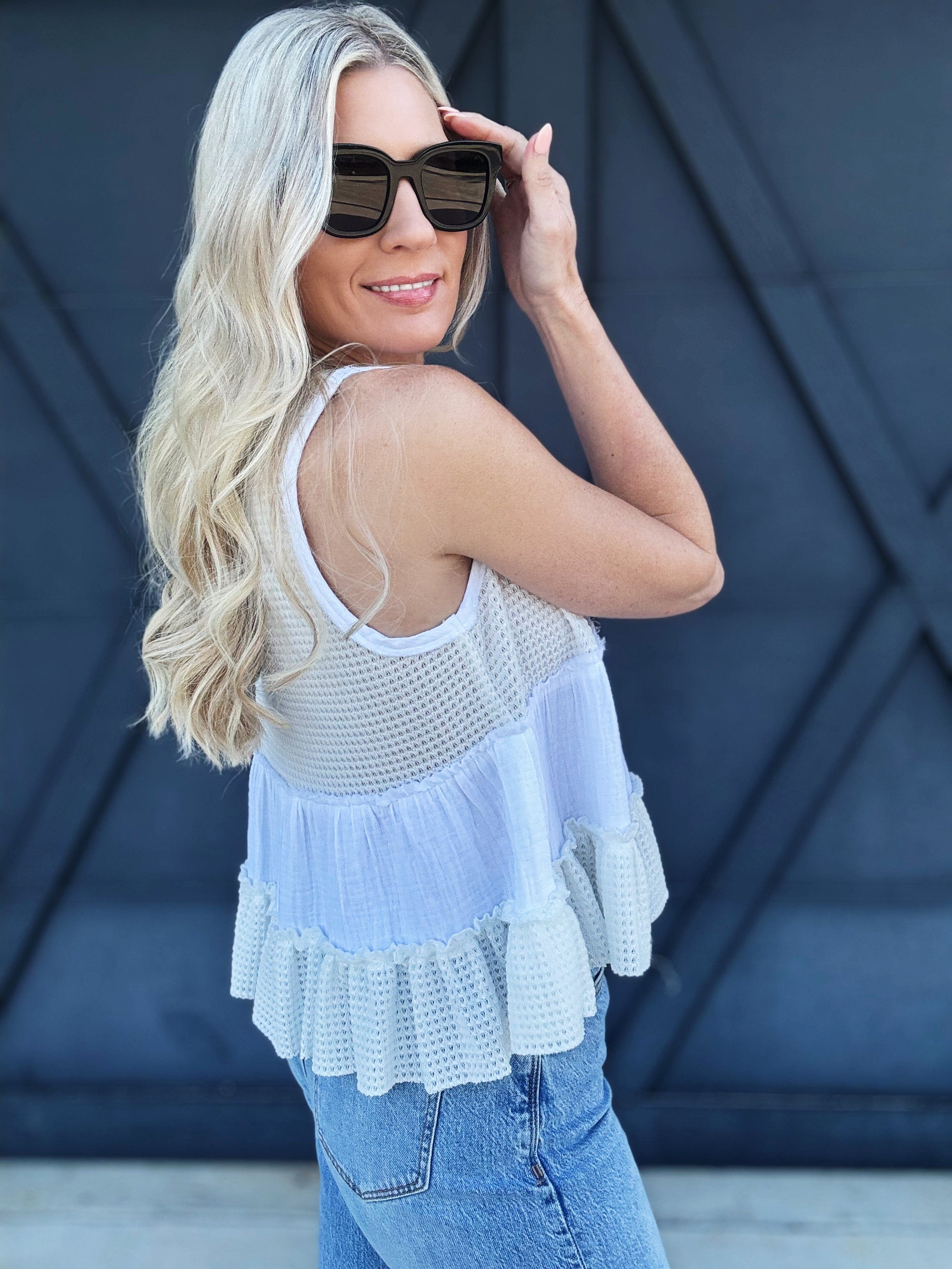 Waffle Knit V-Neck Top In Off White - Infinity Raine