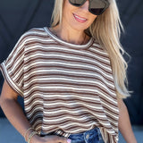 ee:some Tops - Tees Textured Stripe Short Sleeve Top In Coco