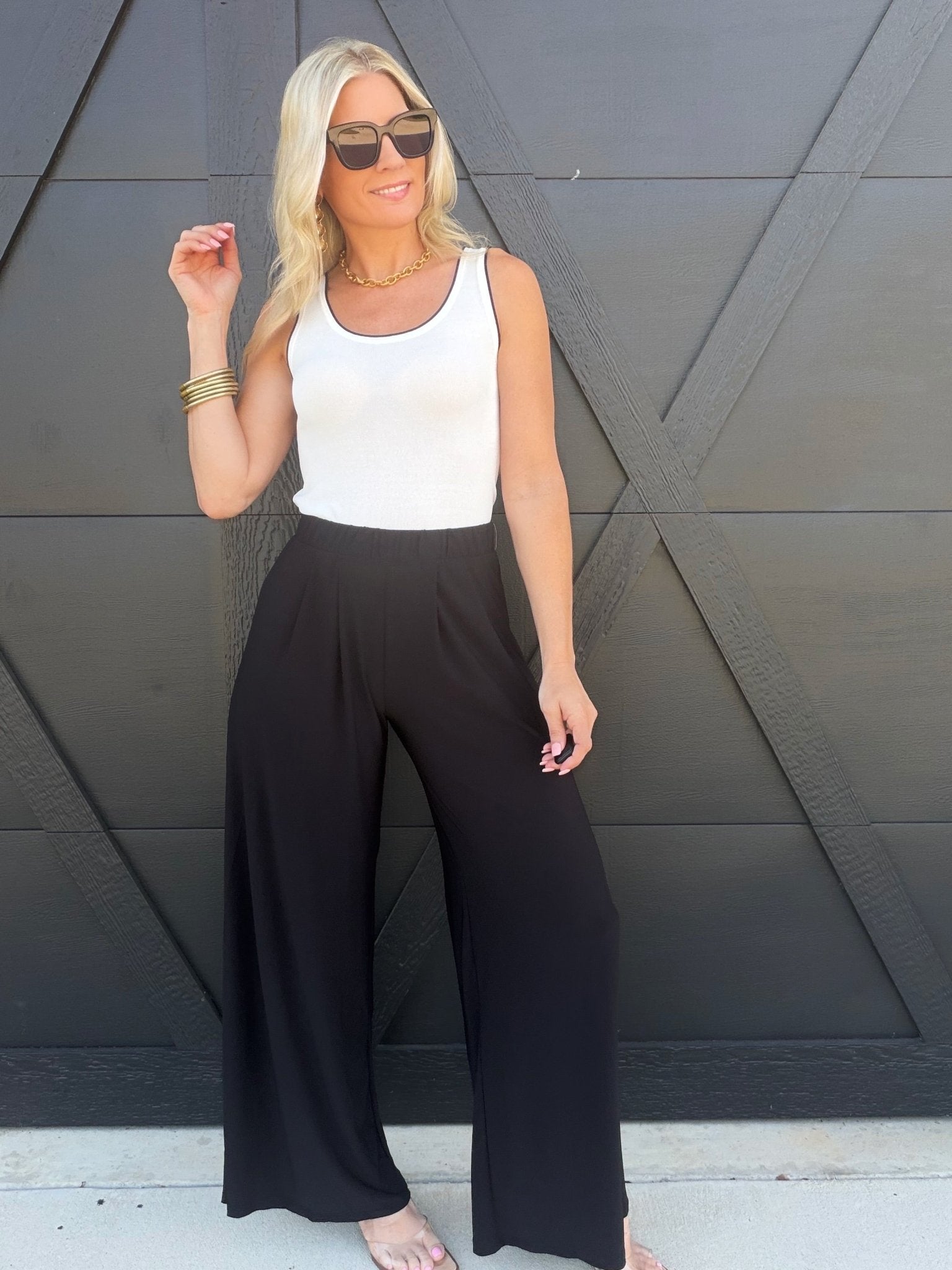 Elastic High Waisted Ity Knit Wide Leg Pants In Black - Infinity Raine