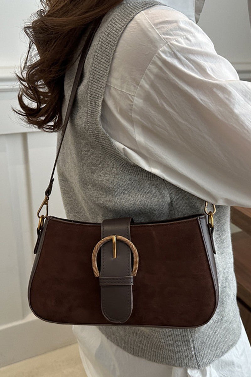 Elegant Suede Retro Buckle Bag In Brown - Infinity Raine